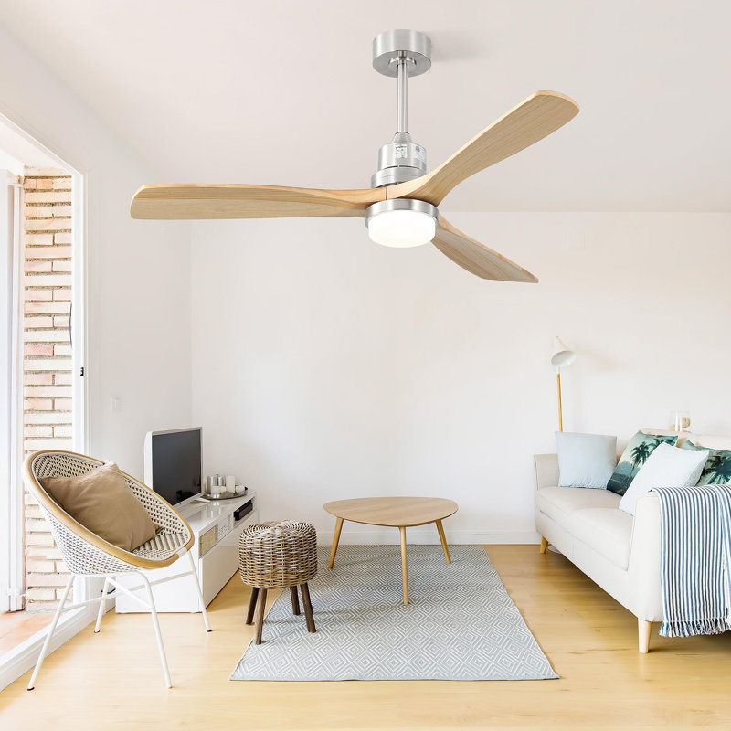Indoor 52 Inch Ceiling Fan With Dimmable Led Light 6 Speed Remote 3 Wood Blade Reversible DC Motor For Bedroom, Natural