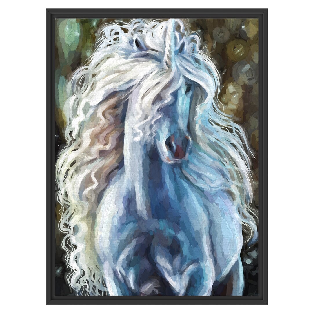 Gerahmtes Wandbild Trabendes weißes Einhorn Kunst