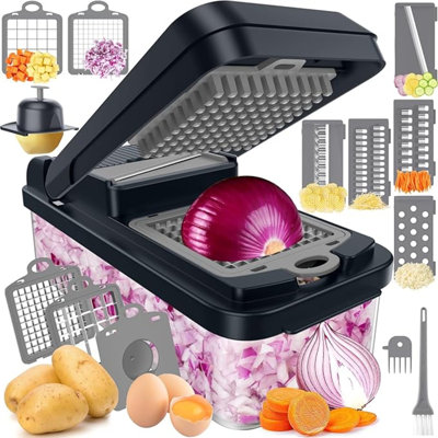 Hachoir à légumes 12 en 1, gadgets de cuisine avec 7 pales, légumes, nourriture, hachoir à oignon, trancheuse de concombre, mandoline polyvalente, avec séparateur d'œufs et protège-doigts, gris