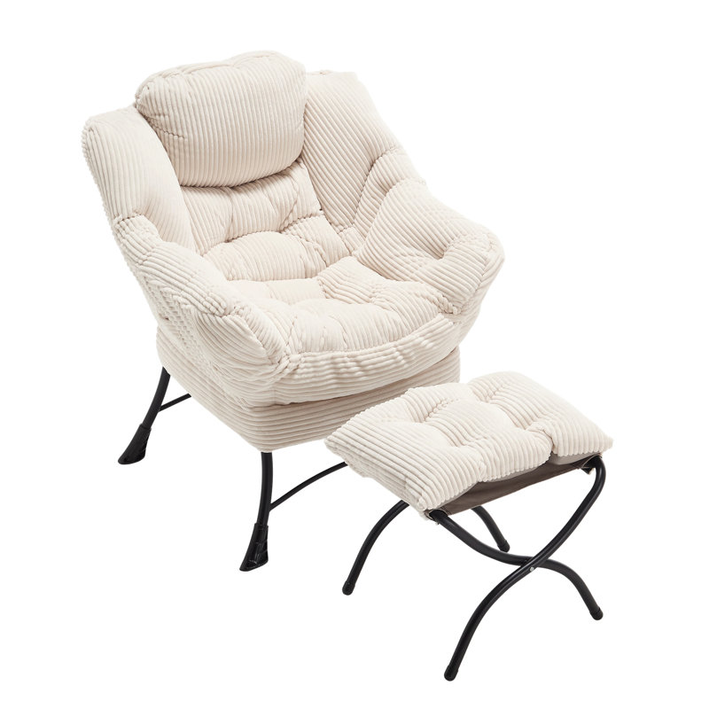 Modern Soft And Comfortable Accent Chair With Ottoman, Armrests And Side Pocket For Small Spaces, White Corduroy