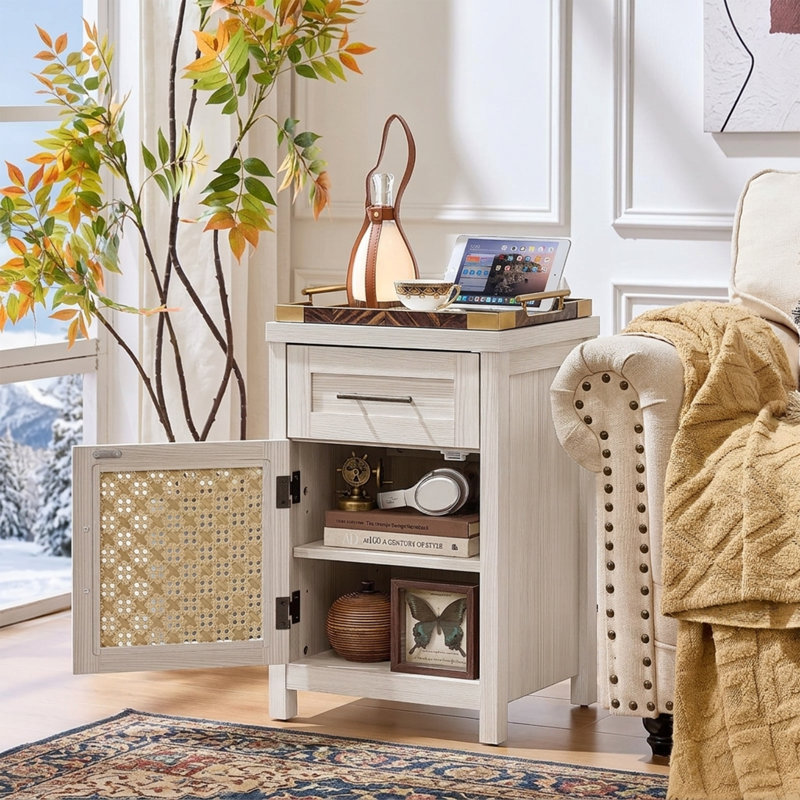 16.5" Nightstand With Charging Station - Boho Bedside Table With Adjustable Shelf - Wood Side Table With Type-C & USB Ports