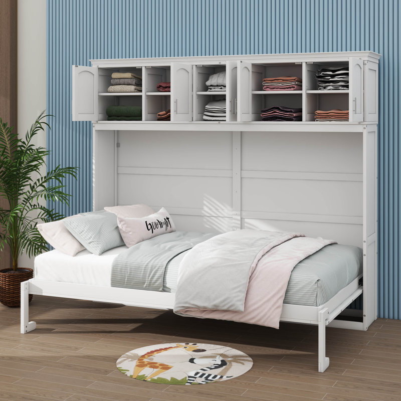 Lit escamotable A / Murphy avec armoires supérieures, Double, Blanc