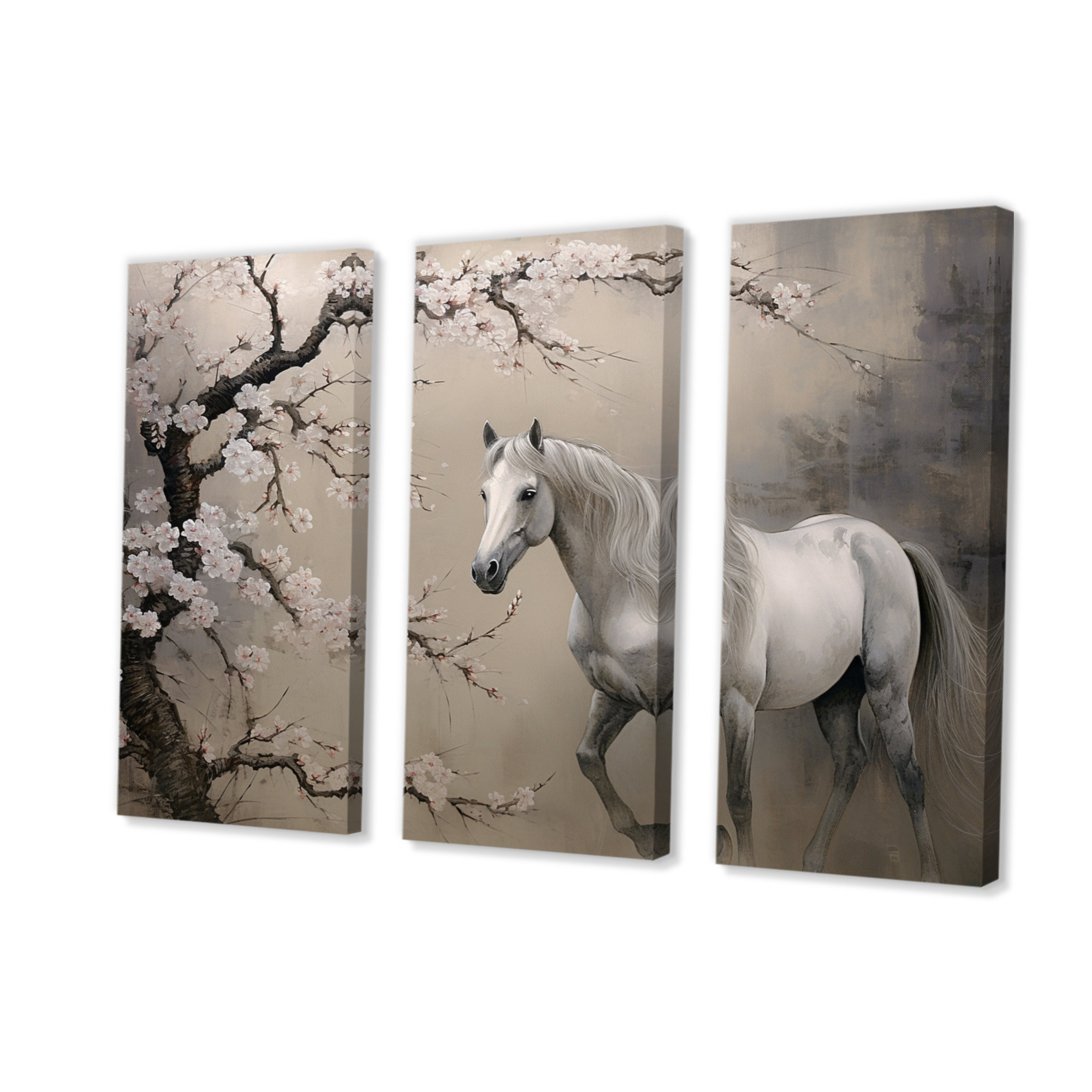 Winston Porter Asian Art Horse Gray II On Canvas 3 Pieces Print | Wayfair