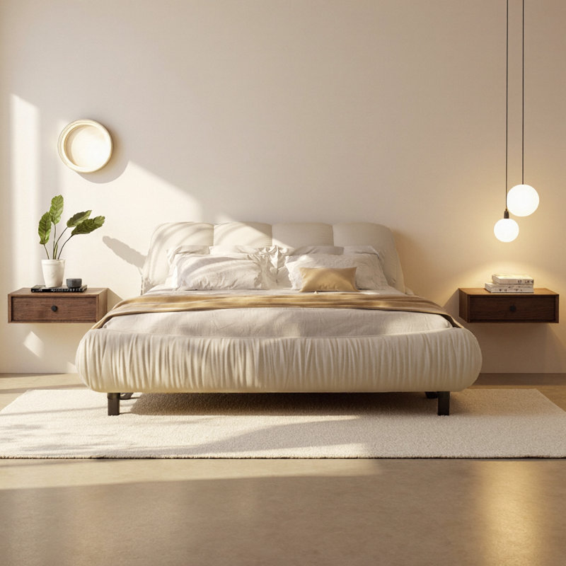 Tête de lit 43 po plissée en nuage, structure en pin massif, hauteur de matelas réglable de 6 à 12 po, support de 1000 lb