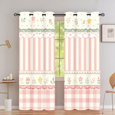 2Pcs Mignon rideau occultant à motif floral avec œillets à motif vichy, rideaux obscurcissants et isolants à motif de chalet pastel rose