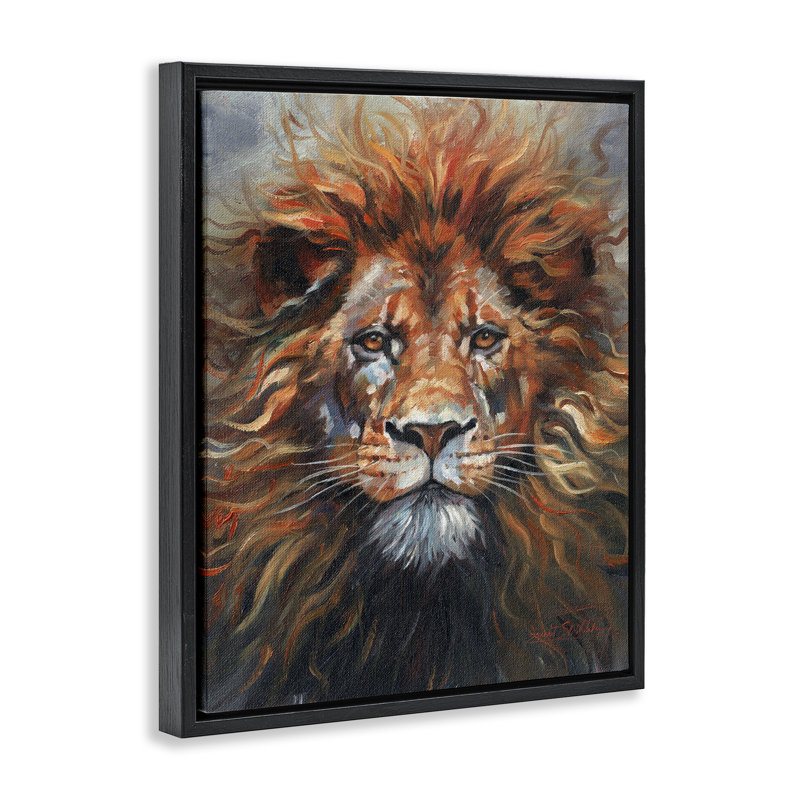 Visage de lion, cadre flottant, design par David Stribble, Cadre flottant noir de jais, H 21 po x l 17 po