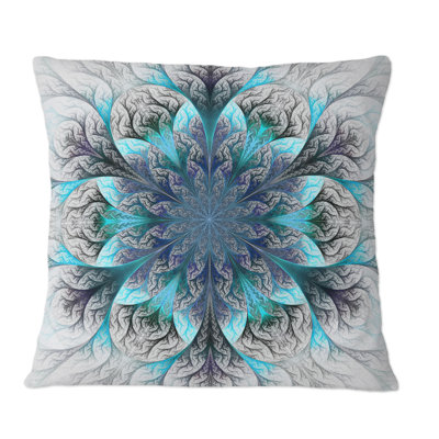 Turquoise And Gray Fractal Flowers - Modern Printed Throw Pillow