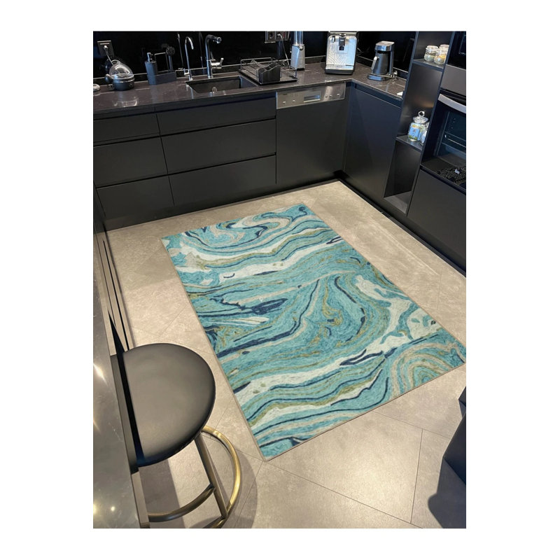 Green Wavy Creative Patterned Woven Base Washable Carpet, Round 4'