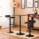 Dining Area Adjustable Height Bar Table With Black Square Top And 2 Swivel Leather Rotating Stool Units For Office