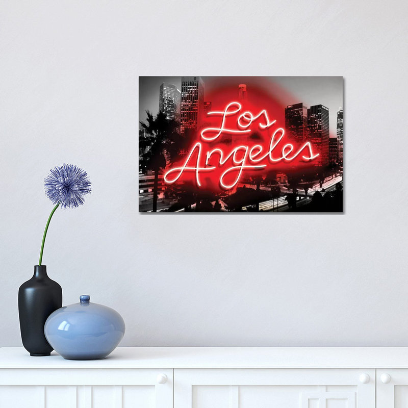 Neon Los Angeles Red On Black by Hailey Carr - Wrapped Canvas Print, 30.48cm H x 45.72cm W x 1.9cm D
