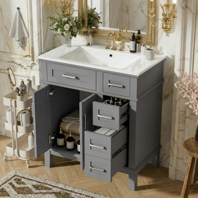 30" Single Freestanding Bathroom Vanity with Sink, Soft-Close Doors & Drawers, Small Bathroom Storage Cabinet - EPA/UPC Certified