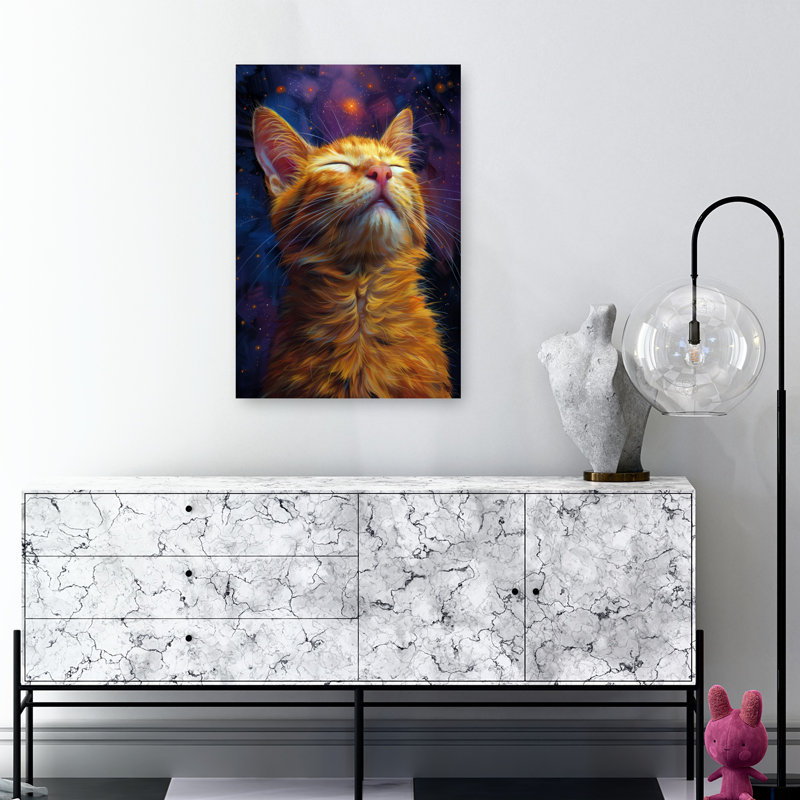 Celestial Orange Cat Dreamy Peaceful Abstract Cat Portrait Landscape Wall Art Print 1 Piece Wrapped Canvas Wall Art