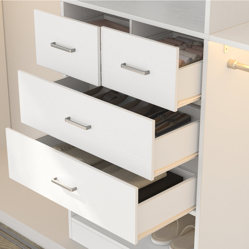 Système d'organisation de 25 à 96 po de largeur avec tiroirs en bois et tringles de suspension (coupés sur mesure), Blanc