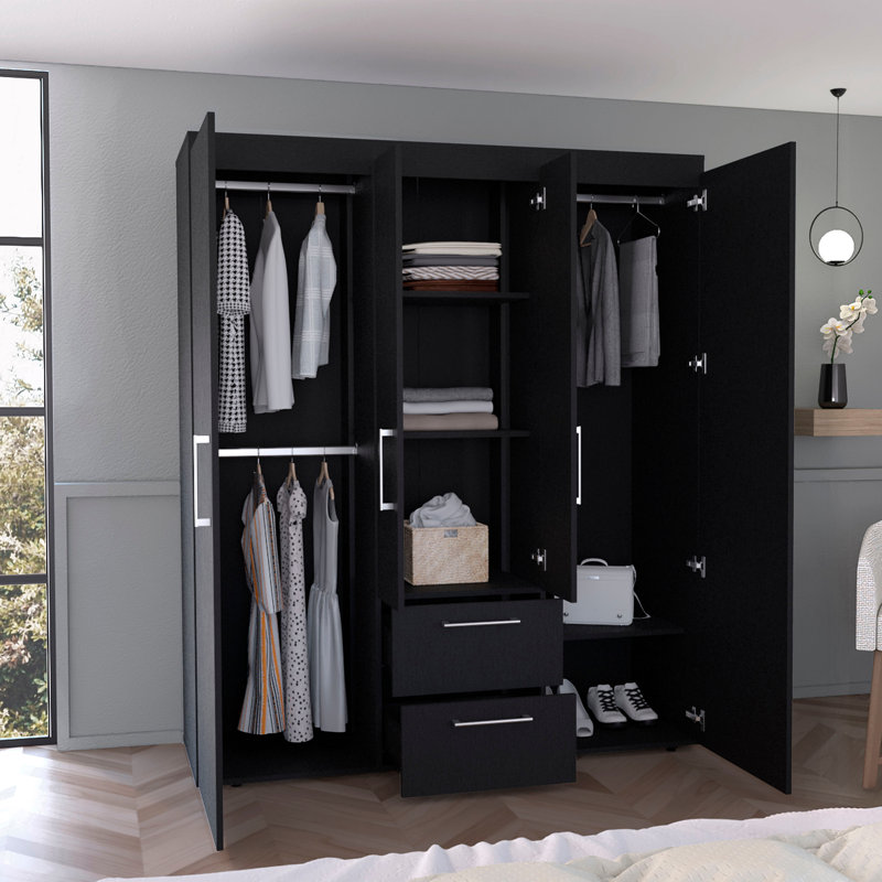 Garde-robe, rangement multi-sections avec tringles de suspension, tablettes et 2 tiroirs