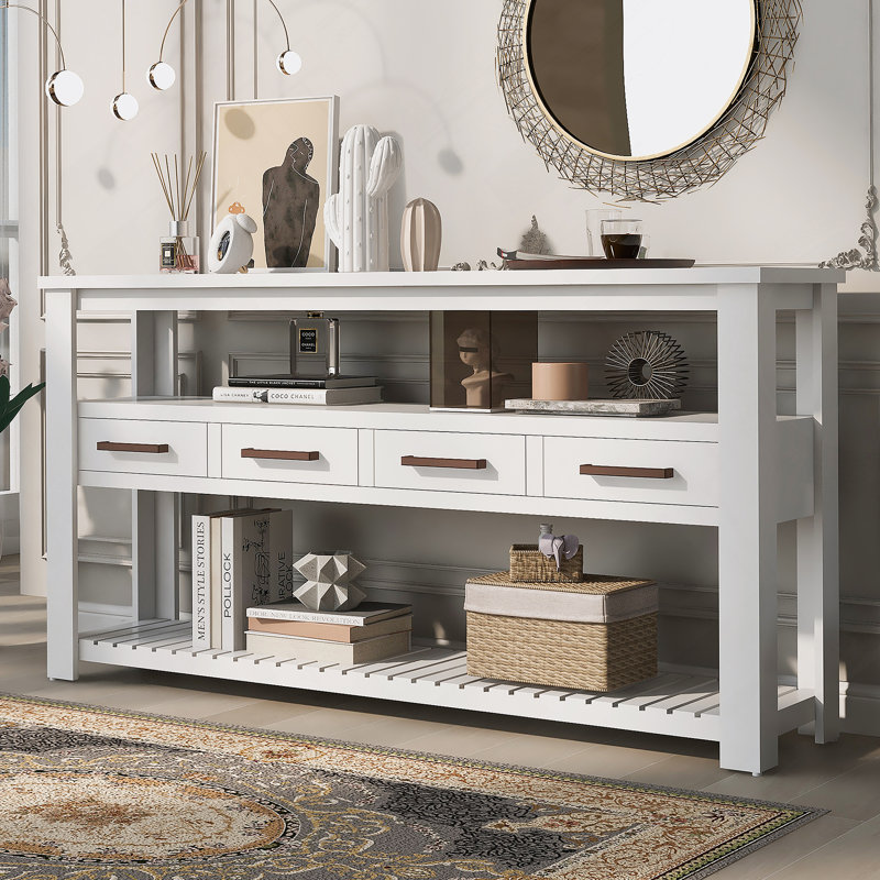 Console moderne pour salon avec 4 tiroirs et 2 tablettes, Blanc