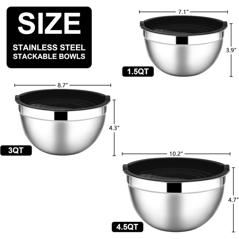 Ensemble de bols à mélanger en acier inoxydable 6 pièces avec couvercles hermétiques