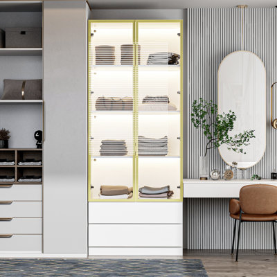 78.7"H Wardrobe With 2-Glass Doors,2-Drawer And LED Light by Latitude Run