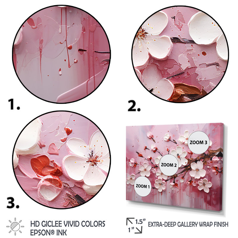 Cerisier blanc et rose Bloom II - art mural cerise, Cadre flottant brun, H 12 po x l 20 po x P 1 po