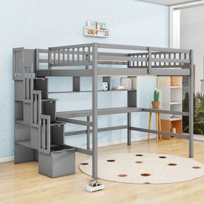Full-Size Loft Bed With Integrated Desk, Bookshelves, And Staircase