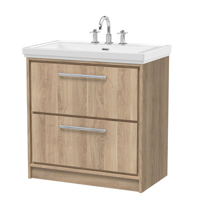 Hudson Reed Lille 600mm Graphite Grey Woodgrain 2 Drawer  Floor Standing Vanity Unit With 3 Tap Holes Fireclay Basin