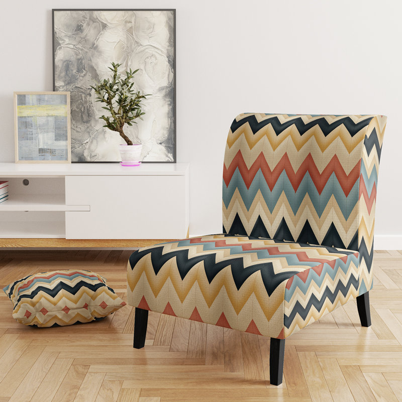 Geometric Harmony Chevron Pattern - Upholstered Abstract Accent Chair and Arm Chair, Gold/Black/Beige/Red Polyester Blend