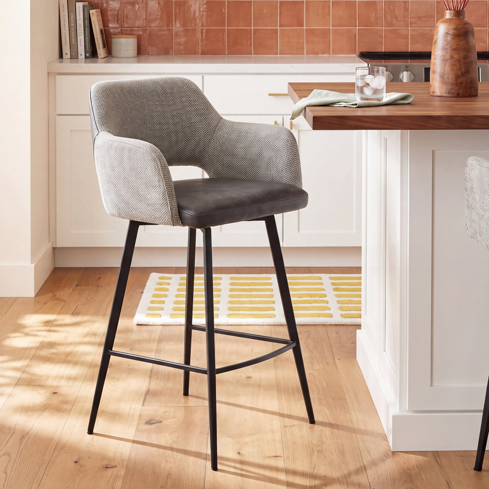 Ivonne Swivel Bar Stool, Dark Gray Faux Leather, Counter Stool (25.6” Seat Height)