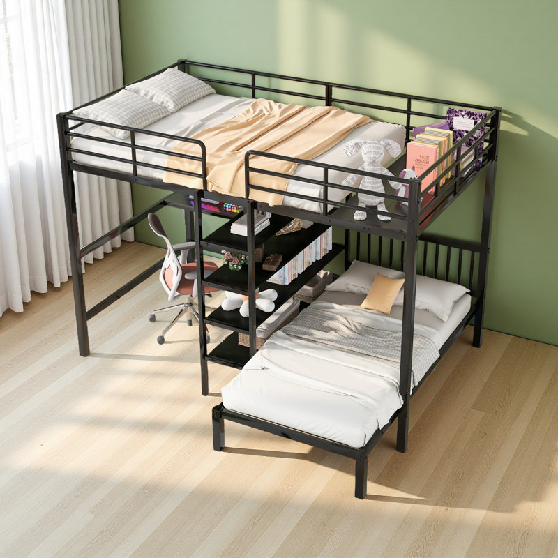 Lit superposé double au-dessus de simple avec bureau intégré, tablettes et échelle, Noir