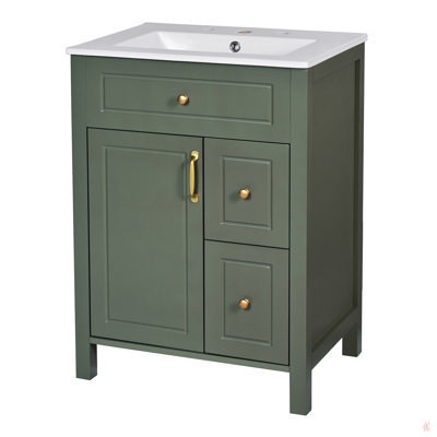 Meuble-lavabo de 24 pouces avec lavabo en céramique, 1 porte à fermeture en douceur, 2 tiroirs à fermeture en douceur et 2 supports de rangement sur la porte