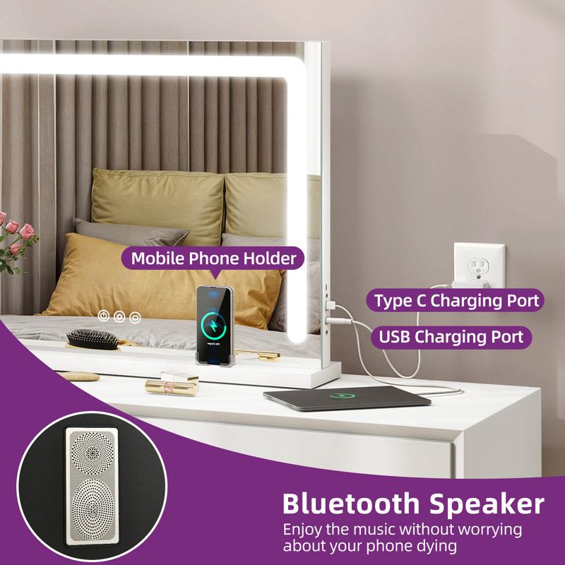 Wrought Studio Dimmable LED Lighted Makeup Vanity Mirror with Lights Touch Screen & 3-Colour Lighting & Wireless Charger and Speaker