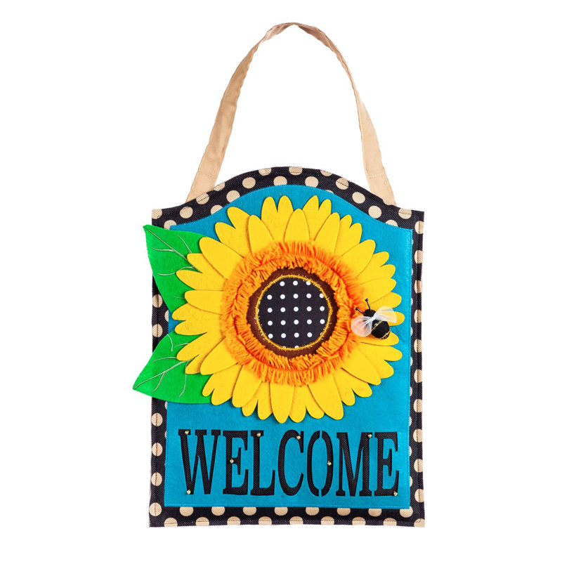 Décoration de porte en toile jute de bienvenue tournesol