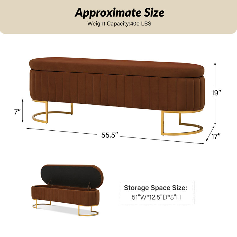 Ferdinand Modern Upholstered Storage Bench with Metal Legs, Ivory, 19" H x 55.5" W x 17" D