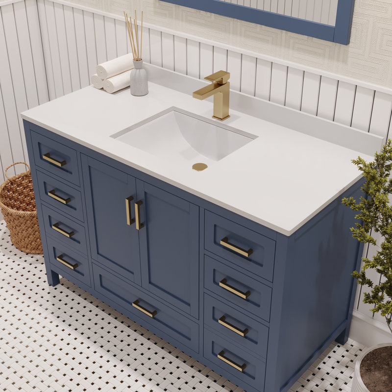 Ensemble de meuble-lavabo simple 48 po avec plateau en quartz blanc Rooh, Bleu, Or brossé