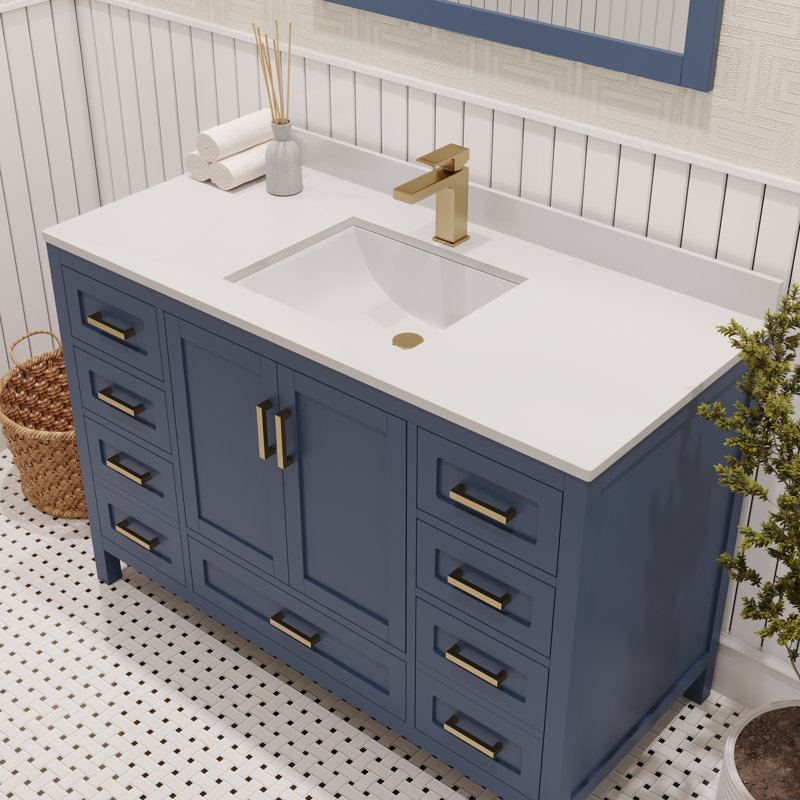Rooh 48'' Single Bathroom Vanity with White Quartz Top, Brushed Gold, Blue