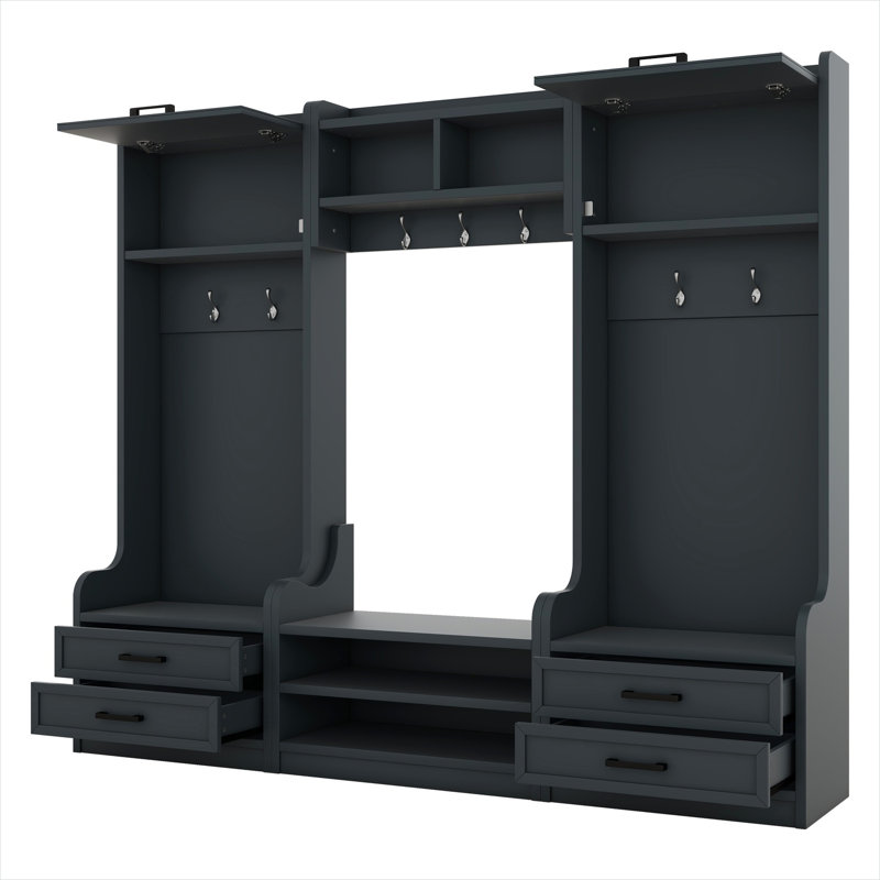 Blue finish 4-in-1 hall tree with storage bench, 7 hooks, drawers, and cabinet, detachable entryway coat rack (77.9 x 15.5 x 70 in.)