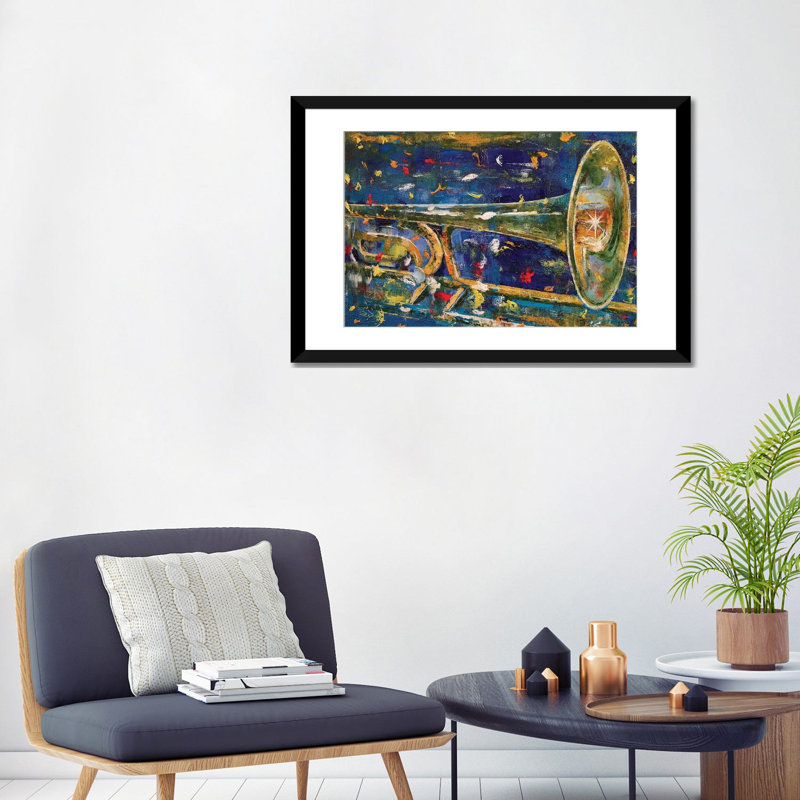 «Trombone», reproduction d'art sur toile, H 24 po x l 32 po x P 1 po, Papier d'art encadré noir, Blanc