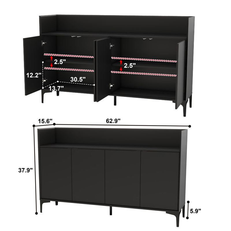 63-Inch Black Sideboard Buffet Cabinet with Adjustable Shelves, Multi-Functional for Living or Dining Room