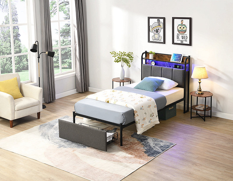 Bed Frame, Storage Headboard With Charging Station, Solid And Stable, Noise Free, No Box Spring Needed, Easy Assembly, Twin