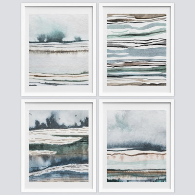 " Blue Pastel Paint Stroke Landscapes " 4 - Pieces