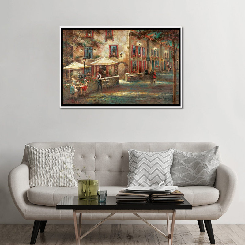 «Courtyard Café» par Ruane Manning - reproduction d'art, H 32 po x l 48 po x P 1,5 po, Aucun mat, Toile blanche encadrée