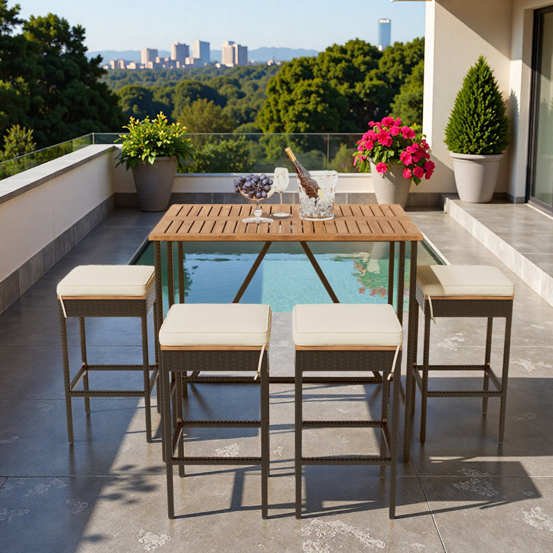 Table de bar 5 pièces et 4 tabourets avec pieds réglables, plateau de table pliable et coussins