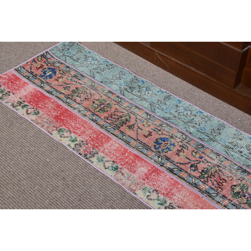 Vintage Handwoven Turkish Door Mat with Rustic Floral Design in Red and Blue Tones