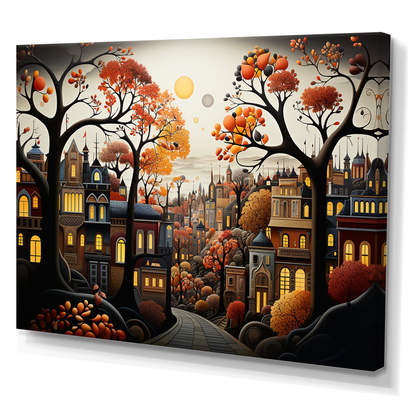 Cozy village in Autumn Moonlit I - Art mural art déco urbain, Toile tendue, H 30 po x l 40 po x P 1,5 po