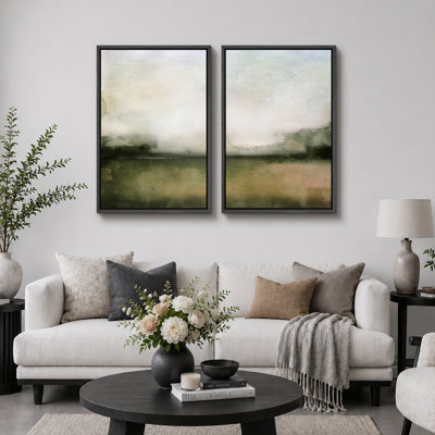«Minimal Landscape», art à l'aquarelle vert pâle, images murales minimalistes classiques simples, impression sur toile encadrée, ensemble de 2 pièces, 16 x 24 x 2, 24 x 36 x 2