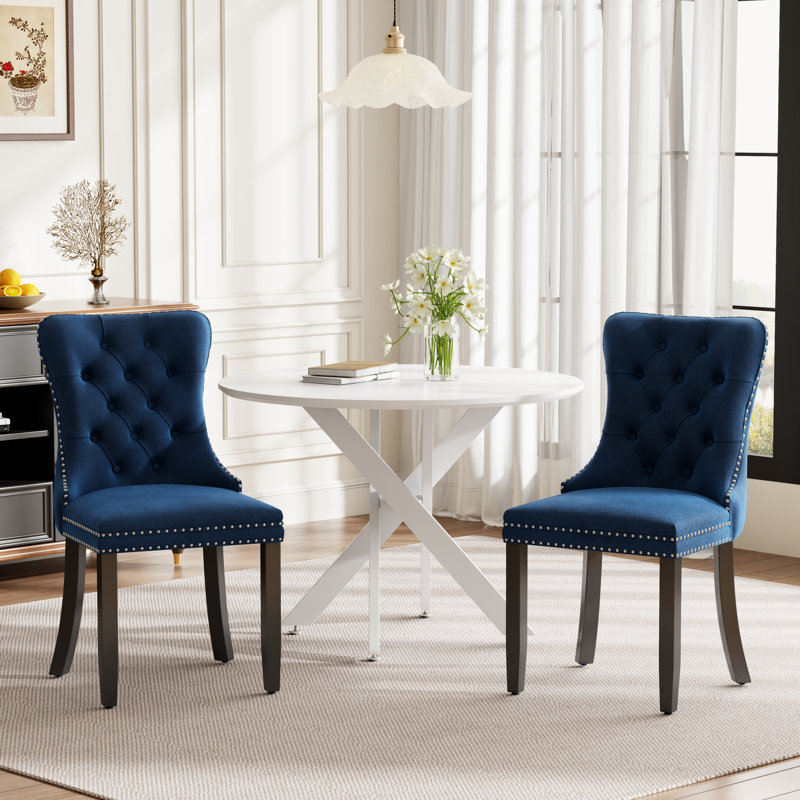 Round Wood Dining Set with Tufted Dining Chair, Blue, 3, White
