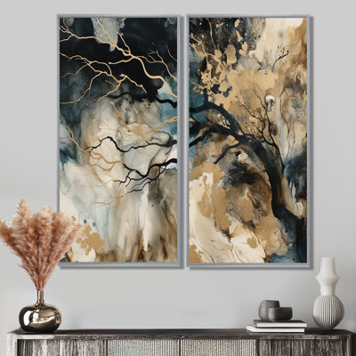 Blue Beige Marbled Dreamscape II - Blue Modern Art Prints On Canvas 2 Pieces
