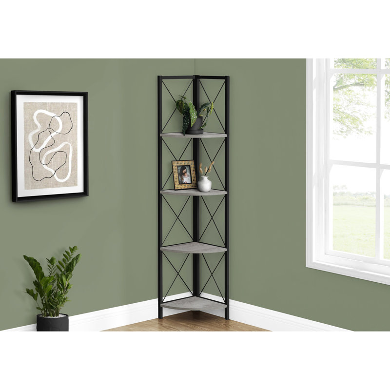 Bibliothèque 4 niveaux Space en stratifié gris - Support en métal noir pour bureau et chambre à coucher