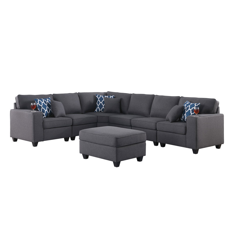 Canapé modulaire réversible en forme de L 7 pièces en lin gris foncé, large de 125 po, avec porte-gobelets, 6 coussins décoratifs, pièces modulaires, siège d'une hauteur de 17,75 po, profondeur de 23 po, accoudoir de 24,25 po, pied en plastique brun de 3,25 po, mousse de dossier de 18 po