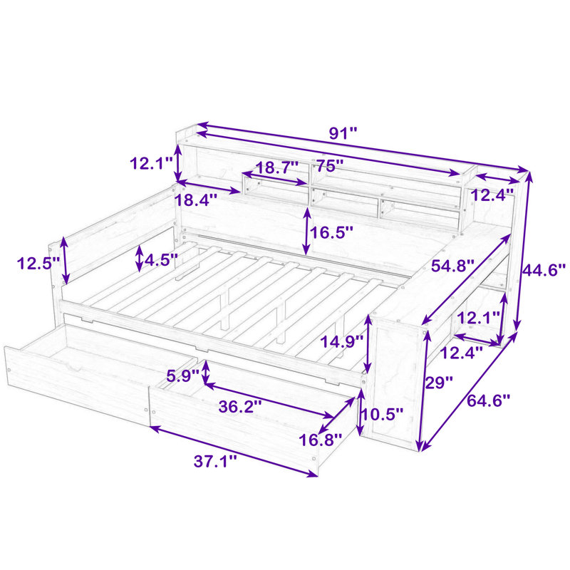 Multifunctional Wooden Daybed with Built-in Desk, Side Storage Shelves and Drawers, Antique White, Full/Double