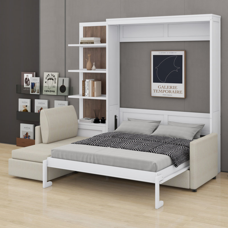 Grand lit escamotable mural avec canapé et tablettes - Lit en bois blanc compact pour enfants et adolescents, Blanc