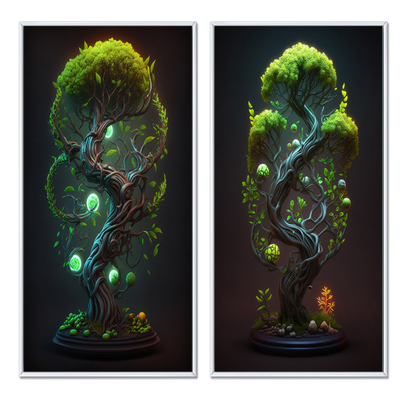 «Neon Bonsai Swirl Tree V», 2 pièces, Cadre blanc, H 40 po x l 40 po